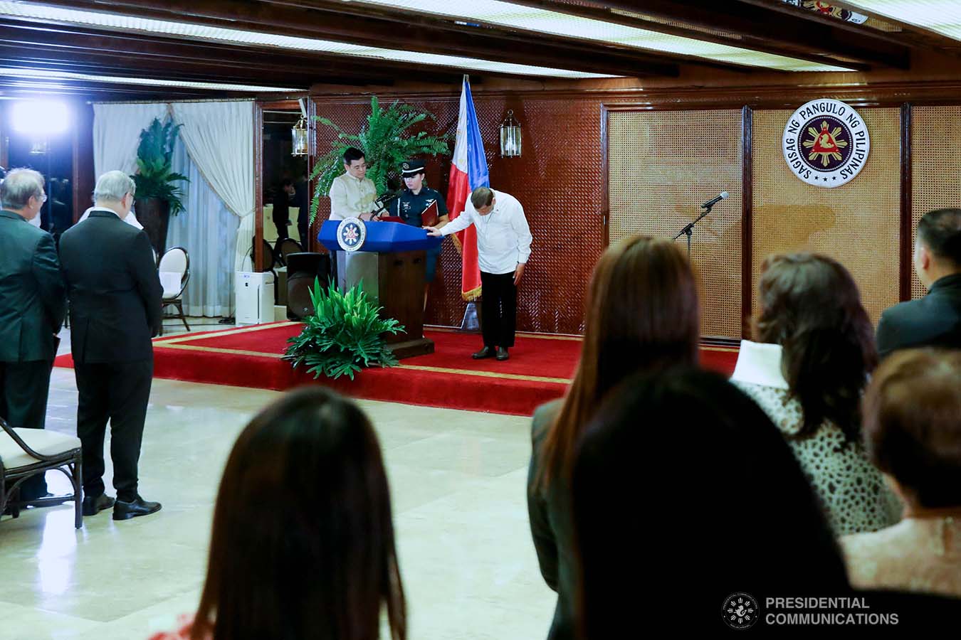 President Rodrigo Roa Duterte takes a bow after delivering a speech during the oath-taking ceremony of the newly elected officers and board of trustees of the Kapisanan ng mga Brodkaster ng Pilipinas (KBP) at the Malacañan Palace on February 12, 2020. ROBINSON NIÑAL JR./PRESIDENTIAL PHOTO