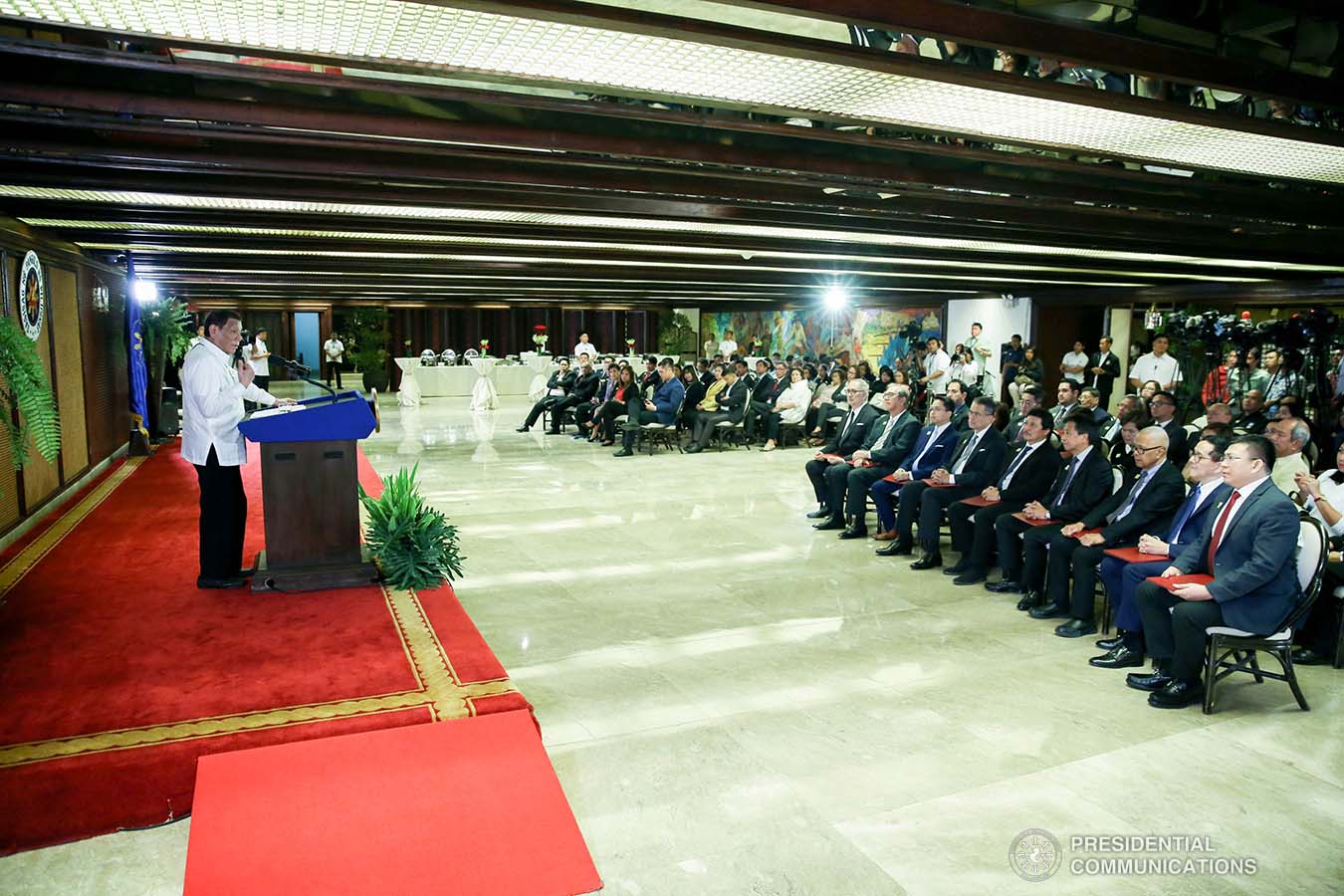 President Rodrigo Roa Duterte delivers a speech during the oath-taking ceremony of the newly elected officers and board of trustees of the Kapisanan ng mga Brodkaster ng Pilipinas (KBP) at the Malacañan Palace on February 12, 2020. SIMEON CELI JR./PRESIDENTIAL PHOTO