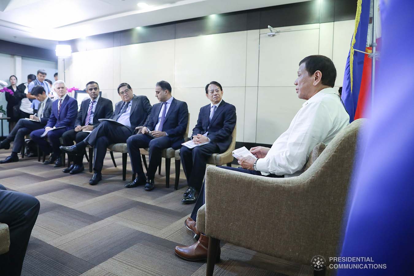 President Rodrigo Roa Duterte discusses matters with Asian Development Bank President Masatsugu Asakawa who paid a courtesy call on the President at the Department of Finance Building inside the Bangko Sentral ng Pilipinas Complex in Manila on February 24, 2020. SIMEON CELI JR./PRESIDENTIAL PHOTO