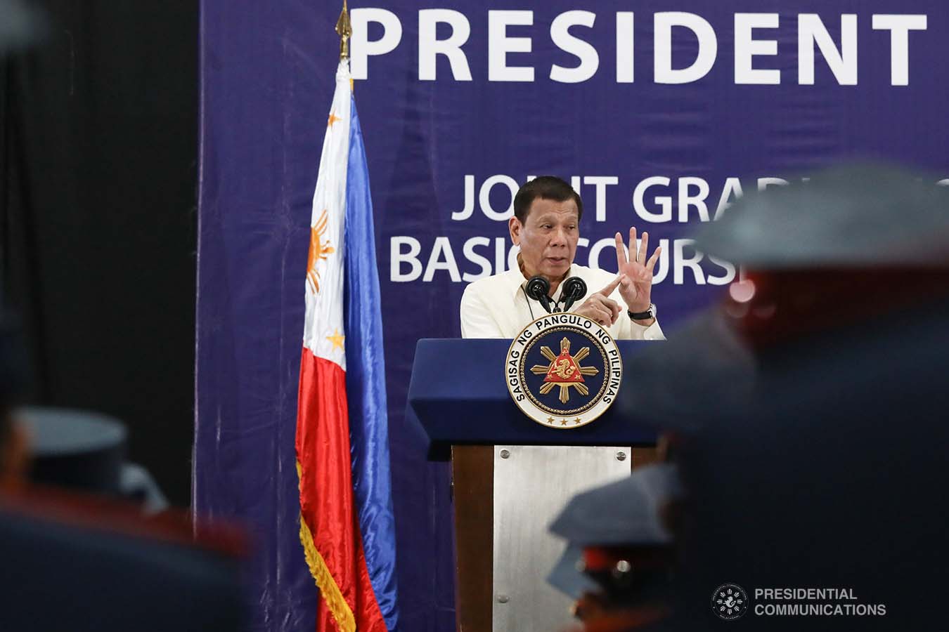 President Rodrigo Roa Duterte delivers a speech during the joint graduation ceremony of Public Safety Officers Basic Course Class 2019-07 and Advance Course (PSOAC) Class 2019-18 at the Arcadia Active Lifestyle Center in Davao City on February 20, 2020. TOTO LOZANO/PRESIDENTIAL PHOTO