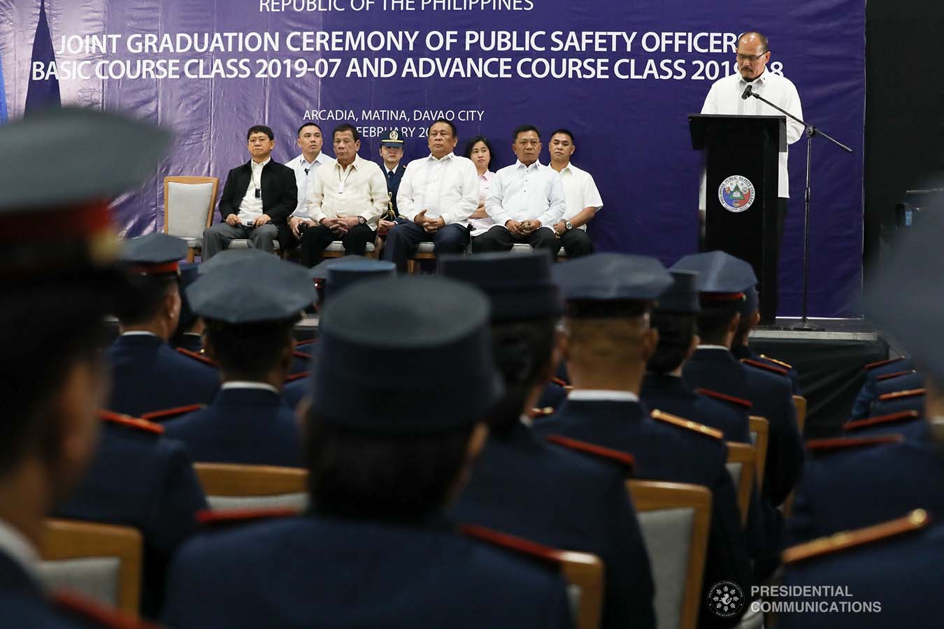 President Rodrigo Roa Duterte graces the joint graduation ceremony of Public Safety Officers Basic Course Class 2019-07 and Advance Course Class 2019-18 at the Arcadia Active Lifestyle Center in Davao City on February 20, 2020. TOTO LOZANO/PRESIDENTIAL PHOTO