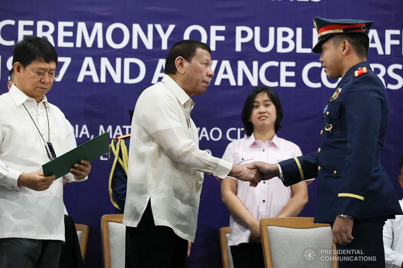 President Rodrigo Roa Duterte greets Philippine Public Safety College President Ricardo De Leon upon his arrival at the Arcadia Active Lifestyle Center in Davao City for the  joint graduation ceremony of Public Safety Officers Basic Course Class 2019-07 and Advance Course Class 2019-18 on February 20, 2020. TOTO LOZANO/PRESIDENTIAL PHOTO