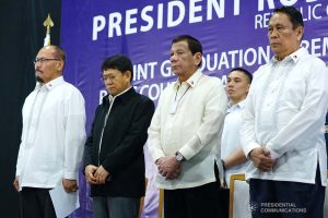 President Rodrigo Roa Duterte graces the joint graduation ceremony of Public Safety Officers Basic Course Class 2019-07 and Advance Course Class 2019-18 at the Arcadia Active Lifestyle Center in Davao City on February 20, 2020. JOEY DALUMPINES/PRESIDENTIAL PHOTO