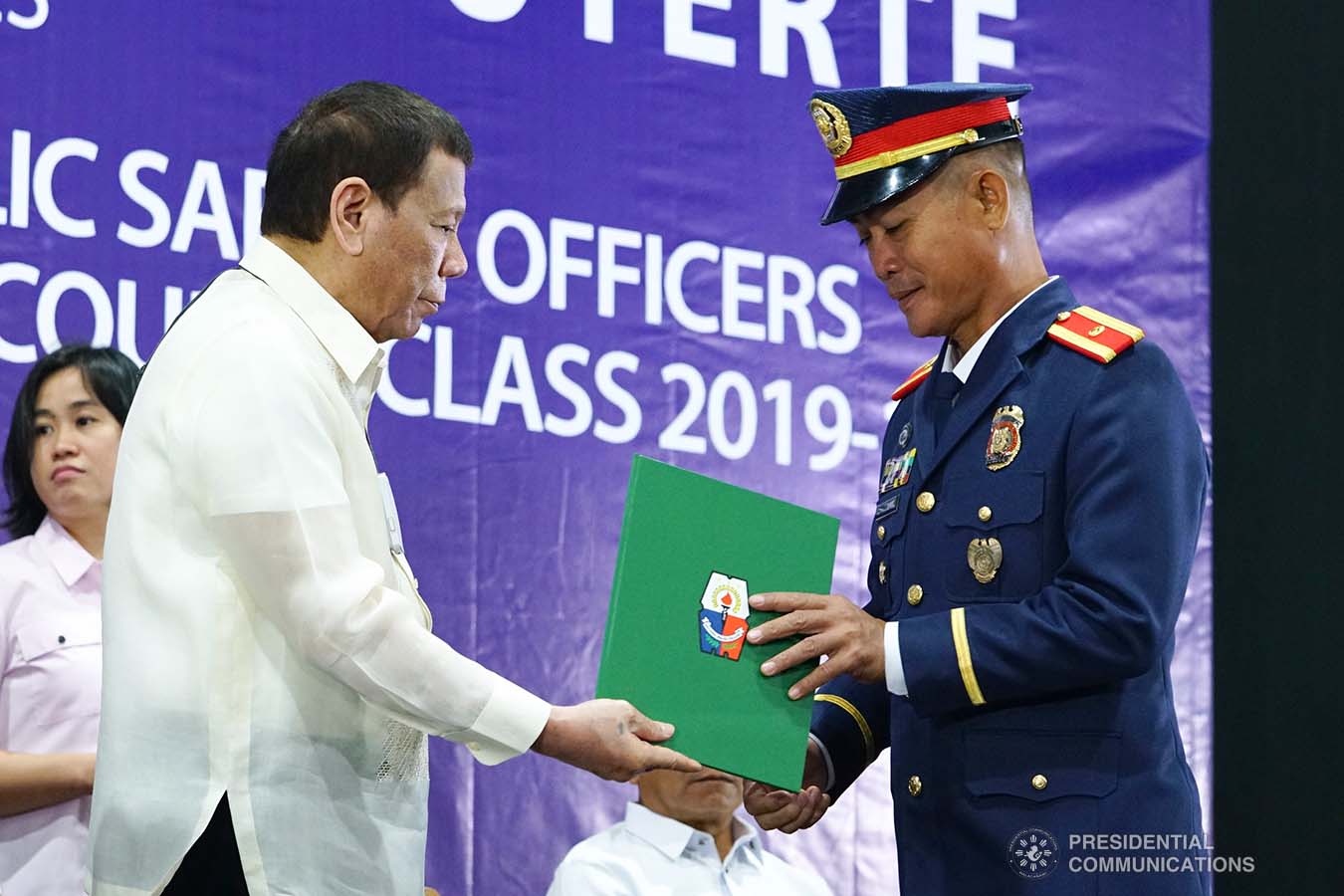President Rodrigo Roa Duterte leads the awarding of diplomas to the graduates of Public Safety Officers Basic Course Class 2019-07 and Advance Course Class 2019-18 during a ceremony at the Arcadia Active Lifestyle Center in Davao City on February 20, 2020. JOEY DALUMPINES/PRESIDENTIAL PHOTO