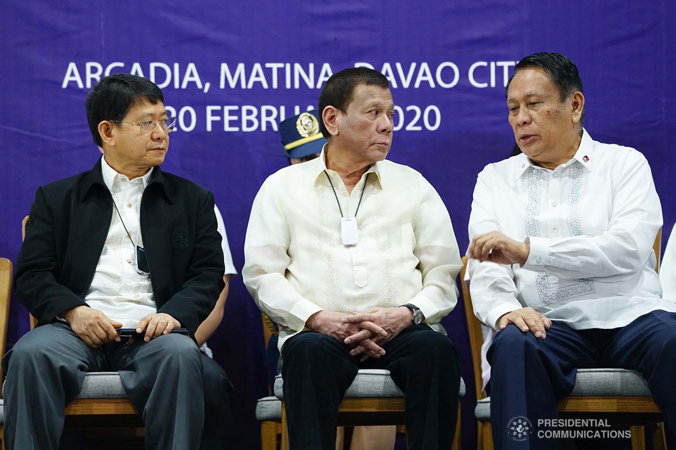 President Rodrigo Roa Duterte chats with Interior and Local Government Secretary Eduardo Año and Philippine Public Safety College President Ricardo De Leon on the sidelines of the joint graduation ceremony of Public Safety Officers Basic Course Class 2019-07 and Advance Course Class 2019-18 at the Arcadia Active Lifestyle Center in Davao City on February 20, 2020. JOEY DALUMPINES/PRESIDENTIAL PHOTO