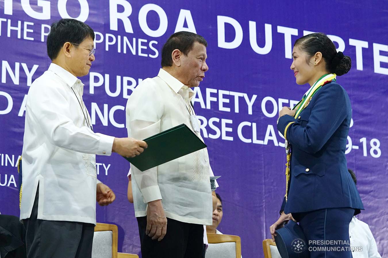 President Rodrigo Roa Duterte leads the awarding of diplomas to the graduates of Public Safety Officers Basic Course Class 2019-07 and Advance Course Class 2019-18 during a ceremony at the Arcadia Active Lifestyle Center in Davao City on February 20, 2020. JOEY DALUMPINES/PRESIDENTIAL PHOTO