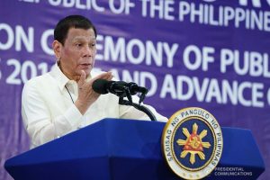 President Rodrigo Roa Duterte delivers a speech during the joint graduation ceremony of Public Safety Officers Basic Course Class 2019-07 and Advance Course Class 2019-18 at the Arcadia Active Lifestyle Center in Davao City on February 20, 2020. JOEY DALUMPINES/PRESIDENTIAL PHOTO