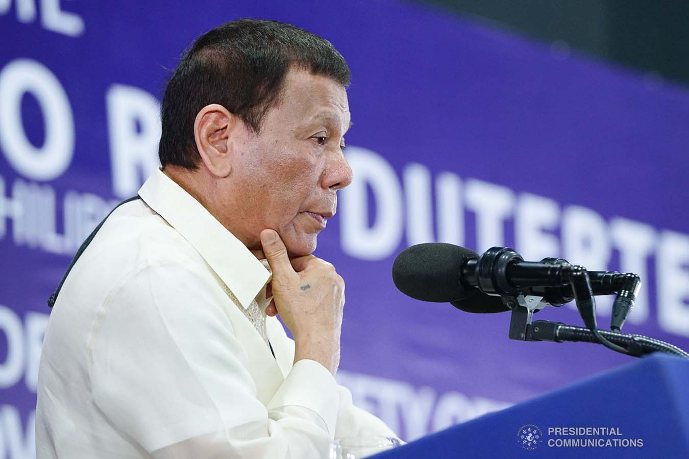 President Rodrigo Roa Duterte delivers a speech during the joint graduation ceremony of Public Safety Officers Basic Course Class 2019-07 and Advance Course (PSOAC) Class 2019-18 at the Arcadia Active Lifestyle Center in Davao City on February 20, 2020. JOEY DALUMPINES/PRESIDENTIAL PHOTO