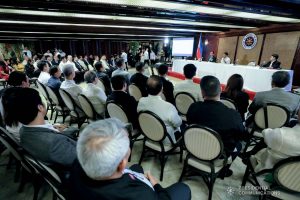President Rodrigo Roa Duterte convenes with Agriculture Secretary William Dar, Interior and Local Government Secretary Eduardo Año and other officials to discuss the updates on the African Swine Fever during a meeting at the Malacañan Palace on February 25, 2020. RICHARD MADELO/PRESIDENTIAL PHOTO
