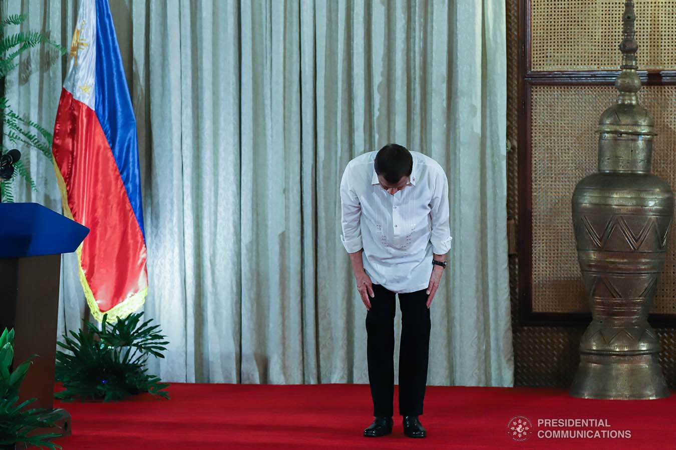 President Rodrigo Roa Duterte takes a bow before the newly-appointed government officials during the oath-taking ceremony at the Malacañan Palace on February 6, 2020. REY BANIQUET/PRESIDENTIAL PHOTO
