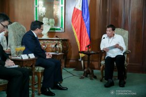 President Rodrigo Roa Duterte discusses matters with Ambassador of the People's Republic of China to the Philippines Huang Xilian who paid a courtesy call on the President at the Malacañan Palace on March 11, 2020. ALBERT ALCAIN/PRESIDENTIAL PHOTO