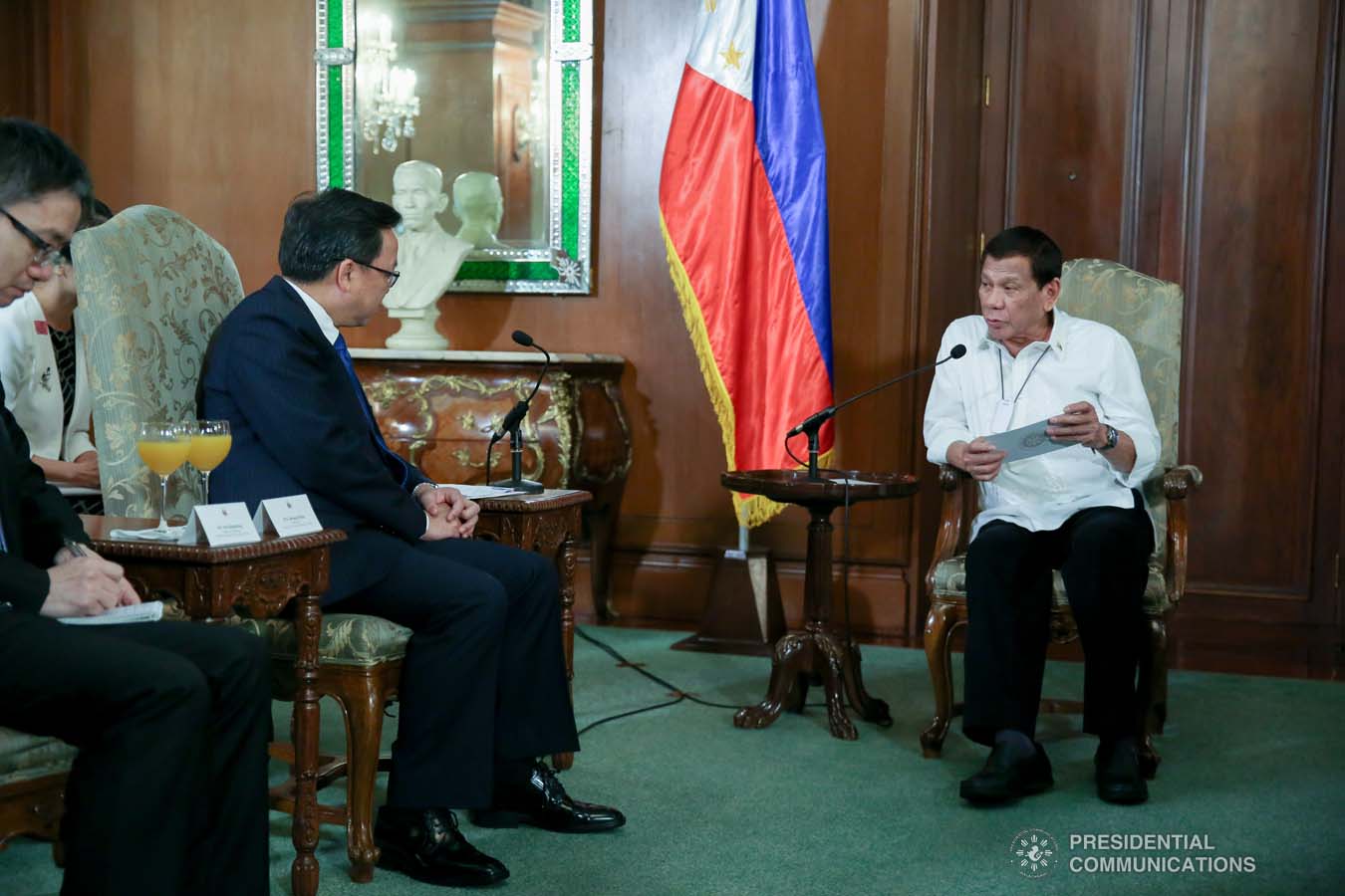 President Rodrigo Roa Duterte discusses matters with Ambassador of the People's Republic of China to the Philippines Huang Xilian who paid a courtesy call on the President at the Malacañan Palace on March 11, 2020. ALBERT ALCAIN/PRESIDENTIAL PHOTO