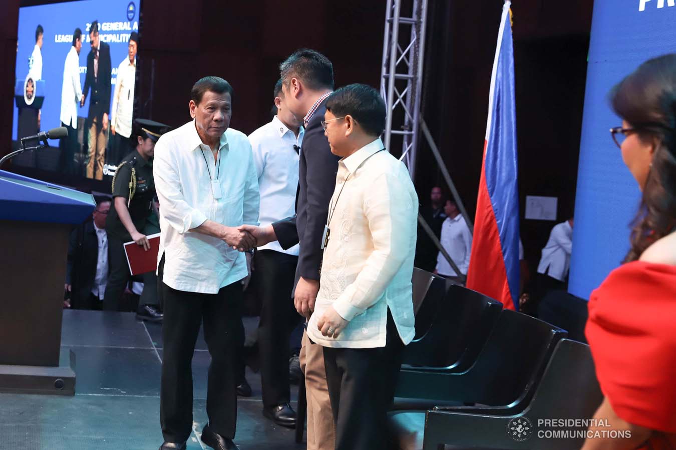 President Rodrigo Roa Duterte greets Presidential Communications Operations Office Secretary Martin Andanar during the 2020 League of Municipalities of the Philippines (LMP) General Assembly at the Marriot Hotel in Pasay City on March 10, 2020. ALFRED FRIAS/PRESIDENTIAL PHOTO