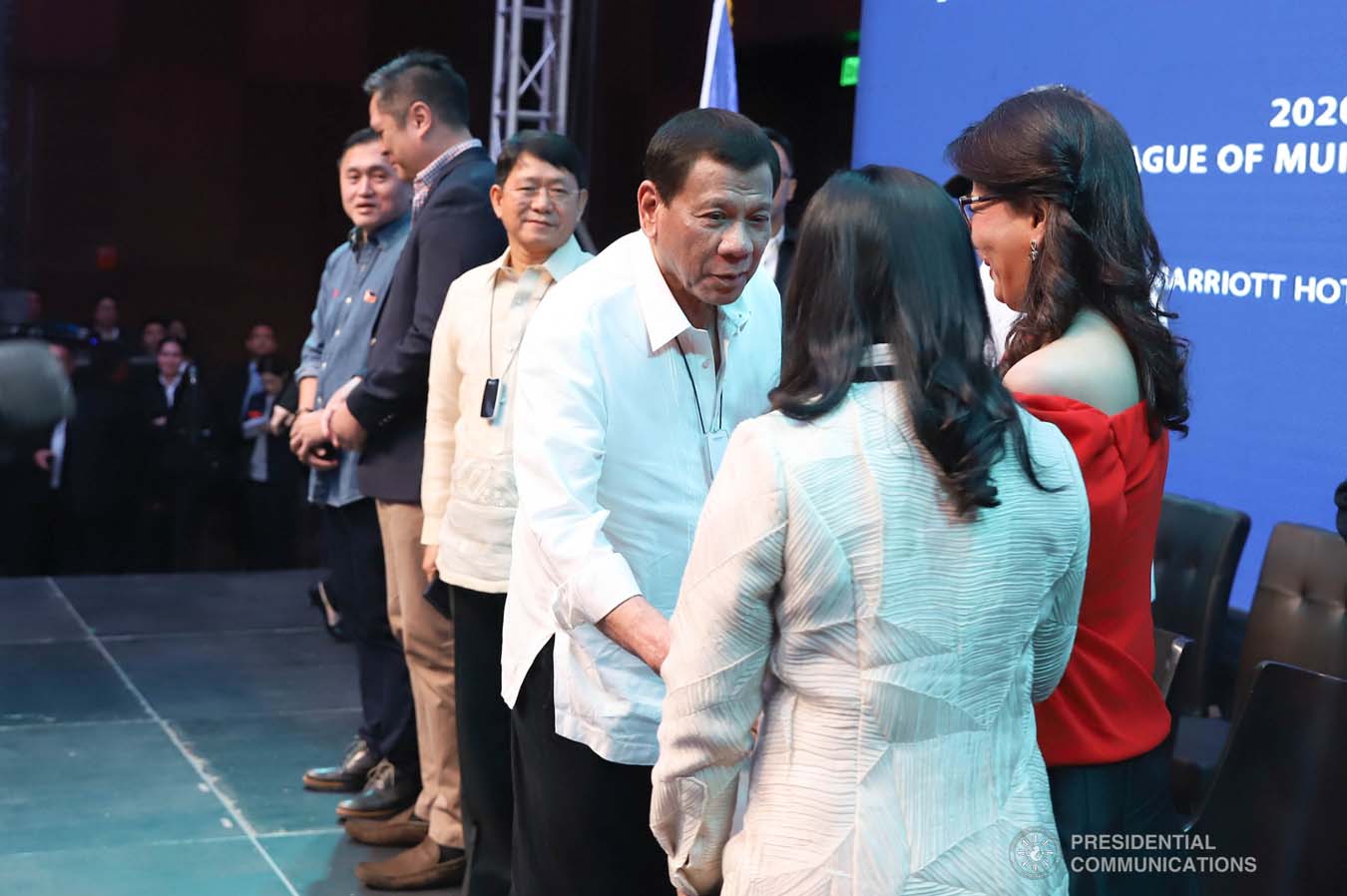 President Rodrigo Roa Duterte greets some of the distinguished guests during the 2020 League of Municipalities of the Philippines (LMP) General Assembly at the Marriot Hotel in Pasay City on March 10, 2020. ALFRED FRIAS/PRESIDENTIAL PHOTO