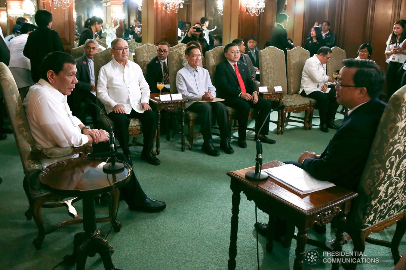 President Rodrigo Roa Duterte discusses matters with Ambassador of the People's Republic of China to the Philippines Huang Xilian who paid a courtesy call on the President at the Malacañan Palace on March 11, 2020. ROBINSON NIÑAL JR./PRESIDENTIAL PHOTO
