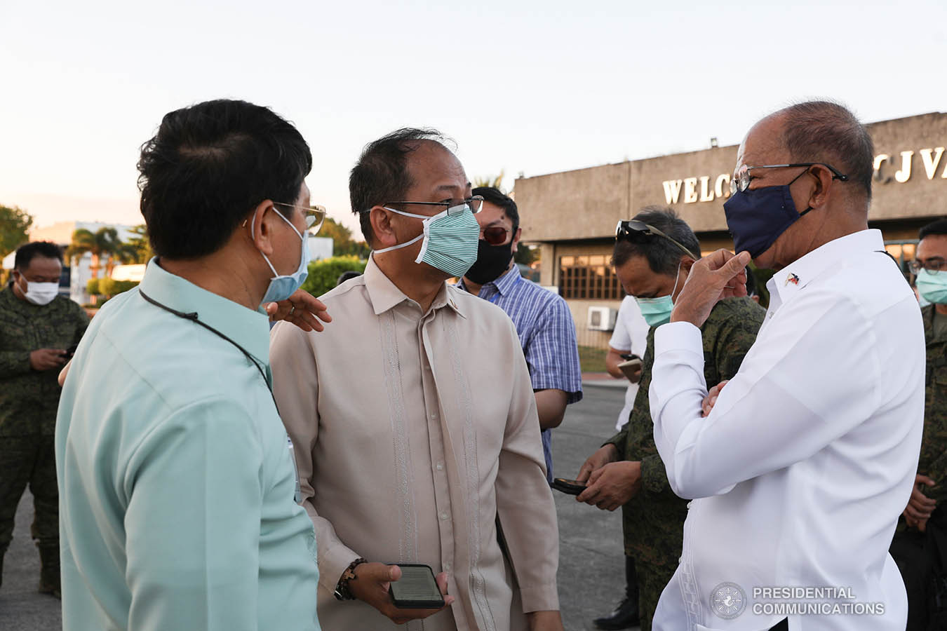 Interior and Local Government Secretary Eduardo Año, Defense Secretary Delfin Lorenzana, Presidential Adviser Carlito Galvez Jr. check the thousands of aid packages donated by the People's Republic of China to help the Philippines combat coronavirus at the Villamor Air Base in Pasay City on March 21, 2020. The donation includes assorted medical supplies, personal protective equipment, and testing kits for coronavirus. Also present was former special assistant to President Duterte and now Senate Committee on Health chairperson Senator Christopher Lawrence "Bong" Go. TOTO LOZANO/PRESIDENTIAL PHOTO