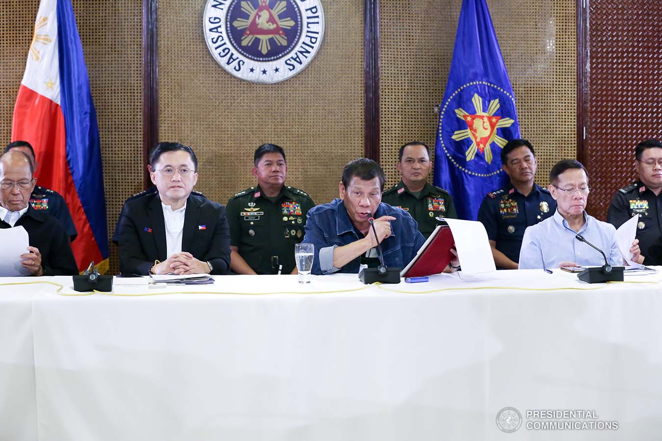 President Rodrigo Roa Duterte announces the content of the resolution adopted by the Inter-Agency Task Force on the Emerging Infectious Diseases (IATF-EID) following the meeting at the Malacañan Palace on March 12, 2020. RICHARD MADELO/PRESIDENTIAL PHOTO