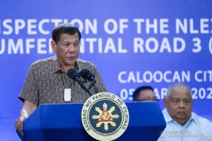 President Rodrigo Roa Duterte delivers a speech after leading the inspection of the North Luzon Expressway (NLEX) Harbor Link Circumferential Road 3 (C3)-R10 Section in Caloocan City on March 5, 2020. VALERIE ESCALERA/PRESIDENTIAL PHOTO