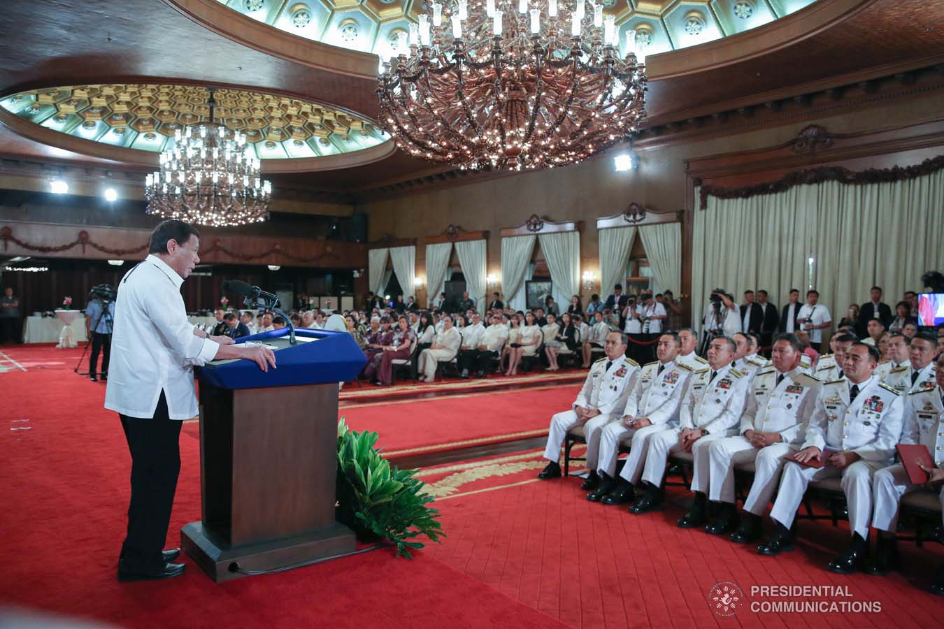 President Rodrigo Roa Duterte delivers a speech during the oath-taking ceremony of the newly appointed Generals and Flag Officers of the Armed Forces of the Philippines and Star Rank Officers of the Philippine National Police at the Malacañan Palace on March 11, 2020. ALBERT ALCAIN/PRESIDENTIAL PHOTO