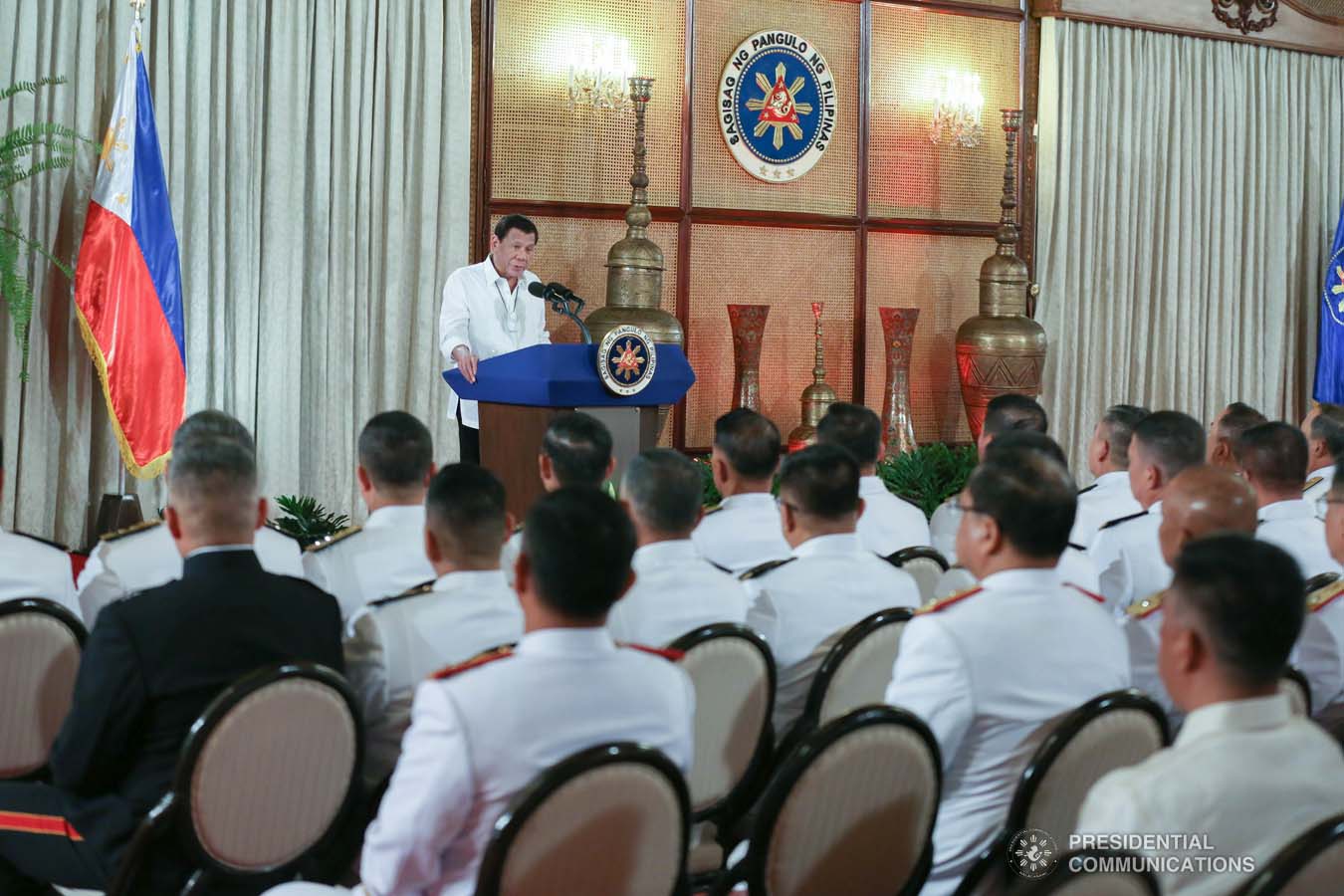 President Rodrigo Roa Duterte delivers a speech during the oath-taking ceremony of the newly appointed Generals and Flag Officers of the Armed Forces of the Philippines and Star Rank Officers of the Philippine National Police at the Malacañan Palace on March 11, 2020. ALBERT ALCAIN/PRESIDENTIAL PHOTO