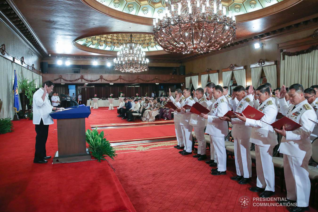 President Rodrigo Roa Duterte swears in the newly appointed Generals and Flag Officers of the Armed Forces of the Philippines and Star Rank Officers of the Philippine National Police at the Malacañan Palace on March 11, 2020. ALBERT ALCAIN/PRESIDENTIAL PHOTO