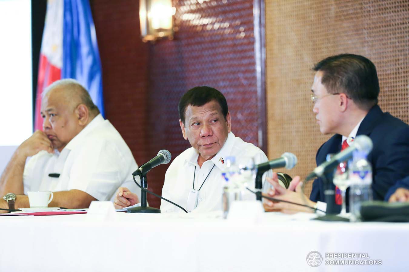 President Rodrigo Roa Duterte chats with Senator Christopher "Bong" Go during a meeting to discuss updates on the Marawi Rehabilitation efforts at the Malacañan Palace on March 4, 2020. The Senator held a Senate committee hearing and reported various issues from stakeholders to the President. ALFRED FRIAS/PRESIDENTIAL PHOTO