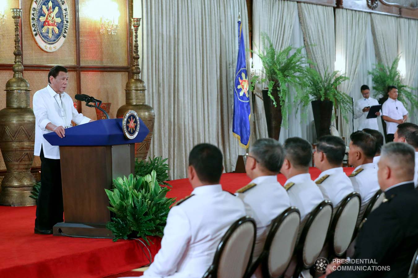 President Rodrigo Roa Duterte delivers a speech during the oath-taking ceremony of the newly appointed Generals and Flag Officers of the Armed Forces of the Philippines and Star Rank Officers of the Philippine National Police at the Malacañan Palace on March 11, 2020. ROBINSON NIÑAL JR./PRESIDENTIAL PHOTO