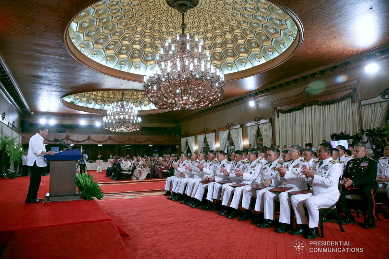 President Rodrigo Roa Duterte delivers a speech during the oath-taking ceremony of the newly appointed Generals and Flag Officers of the Armed Forces of the Philippines and Star Rank Officers of the Philippine National Police at the Malacañan Palace on March 11, 2020. ROBINSON NIÑAL JR./PRESIDENTIAL PHOTO