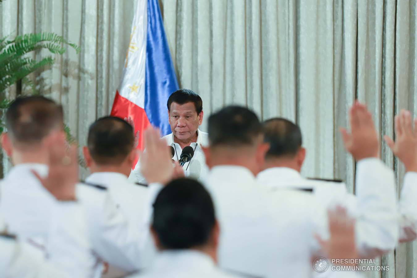 President Rodrigo Roa Duterte swears in the newly appointed Generals and Flag Officers of the Armed Forces of the Philippines and Star Rank Officers of the Philippine National Police at the Malacañan Palace on March 11, 2020. REY BANIQUET/PRESIDENTIAL PHOTO