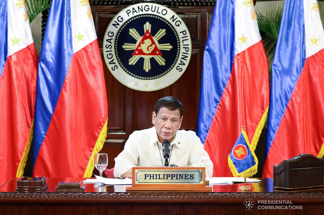 President Rodrigo Roa Duterte gives his intervention as he joins other leaders from the Association of Southeast Asian Nations (ASEAN) member countries, the Republic of Korea, People's Republic of China and Japan during the special ASEAN Plus Three Summit on Covid-19 video conference at the Malago Clubhouse in Malacañang on April 14, 2020. ACE MORANDANTE/PRESIDENTIAL PHOTOS