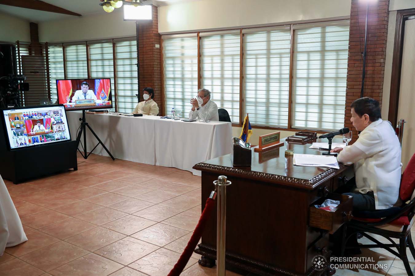 President Rodrigo Roa Duterte joins other leaders from the Association of Southeast Asian Nations (ASEAN) member countries, the Republic of Korea, People's Republic of China and Japan during the special ASEAN Plus Three Summit on Covid-19 video conference at the Malago Clubhouse in Malacañang on April 14, 2020. ACE MORANDANTE/PRESIDENTIAL PHOTOS