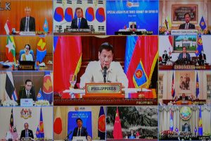 President Rodrigo Roa Duterte gives his intervention as he joins other leaders from the Association of Southeast Asian Nations (ASEAN) member countries, the Republic of Korea, People's Republic of China and Japan during the special ASEAN Plus Three Summit on Covid-19 video conference at the Malago Clubhouse in Malacañang on April 14, 2020. ACE MORANDANTE/PRESIDENTIAL PHOTOS