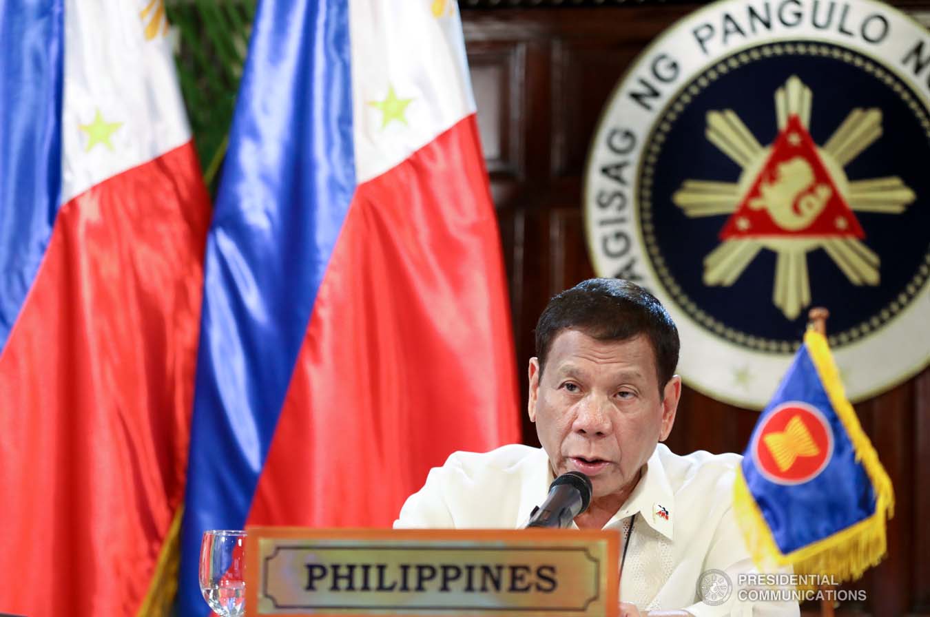 President Rodrigo Roa Duterte gives his intervention as he joins other leaders from the Association of Southeast Asian Nations (ASEAN) member countries, the Republic of Korea, People's Republic of China and Japan during the special ASEAN Plus Three Summit on Covid-19 video conference at the Malago Clubhouse in Malacañang on April 14, 2020. ACE MORANDANTE/PRESIDENTIAL PHOTOS