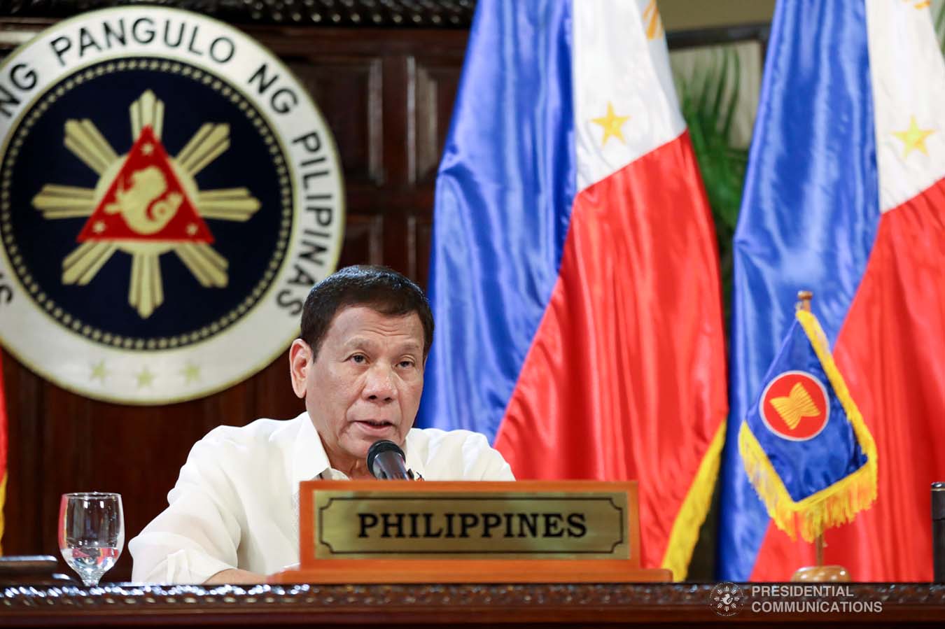 President Rodrigo Roa Duterte gives his intervention as he joins other leaders from the Association of Southeast Asian Nations (ASEAN) member countries, the Republic of Korea, People's Republic of China and Japan during the special ASEAN Plus Three Summit on Covid-19 video conference at the Malago Clubhouse in Malacañang on April 14, 2020. ACE MORANDANTE/PRESIDENTIAL PHOTOS