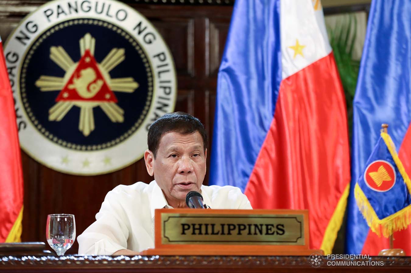 President Rodrigo Roa Duterte gives his intervention as he joins other leaders from the Association of Southeast Asian Nations (ASEAN) member countries, the Republic of Korea, People's Republic of China and Japan during the special ASEAN Plus Three Summit on Covid-19 video conference at the Malago Clubhouse in Malacañang on April 14, 2020. ACE MORANDANTE/PRESIDENTIAL PHOTOS
