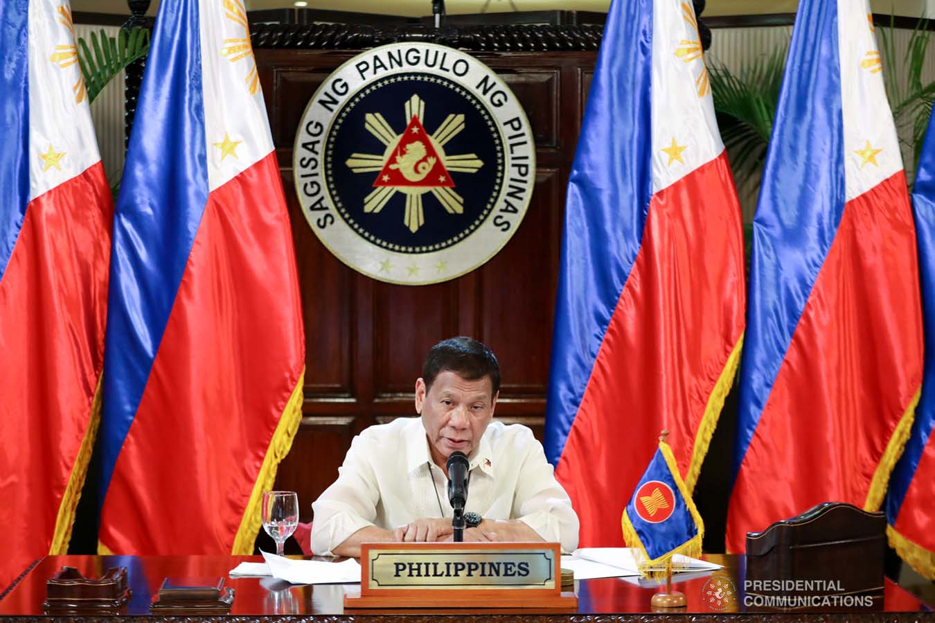 President Rodrigo Roa Duterte gives his intervention as he joins other leaders from the Association of Southeast Asian Nations (ASEAN) member countries, the Republic of Korea, People's Republic of China and Japan during the special ASEAN Plus Three Summit on Covid-19 video conference at the Malago Clubhouse in Malacañang on April 14, 2020. ACE MORANDANTE/PRESIDENTIAL PHOTOS