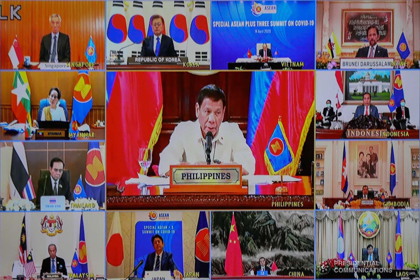 President Rodrigo Roa Duterte gives his intervention as he joins other leaders from the Association of Southeast Asian Nations (ASEAN) member countries, the Republic of Korea, People's Republic of China and Japan during the special ASEAN Plus Three Summit on Covid-19 video conference at the Malago Clubhouse in Malacañang on April 14, 2020. ACE MORANDANTE/PRESIDENTIAL PHOTOS