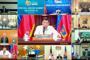 President Rodrigo Roa Duterte gives his intervention as he joins other leaders from the Association of Southeast Asian Nations (ASEAN) member countries during the special ASEAN Summit on Covid-19 video conference at the Malago Clubhouse in Malacañang on April 14, 2020. PRESIDENTIAL PHOTOS