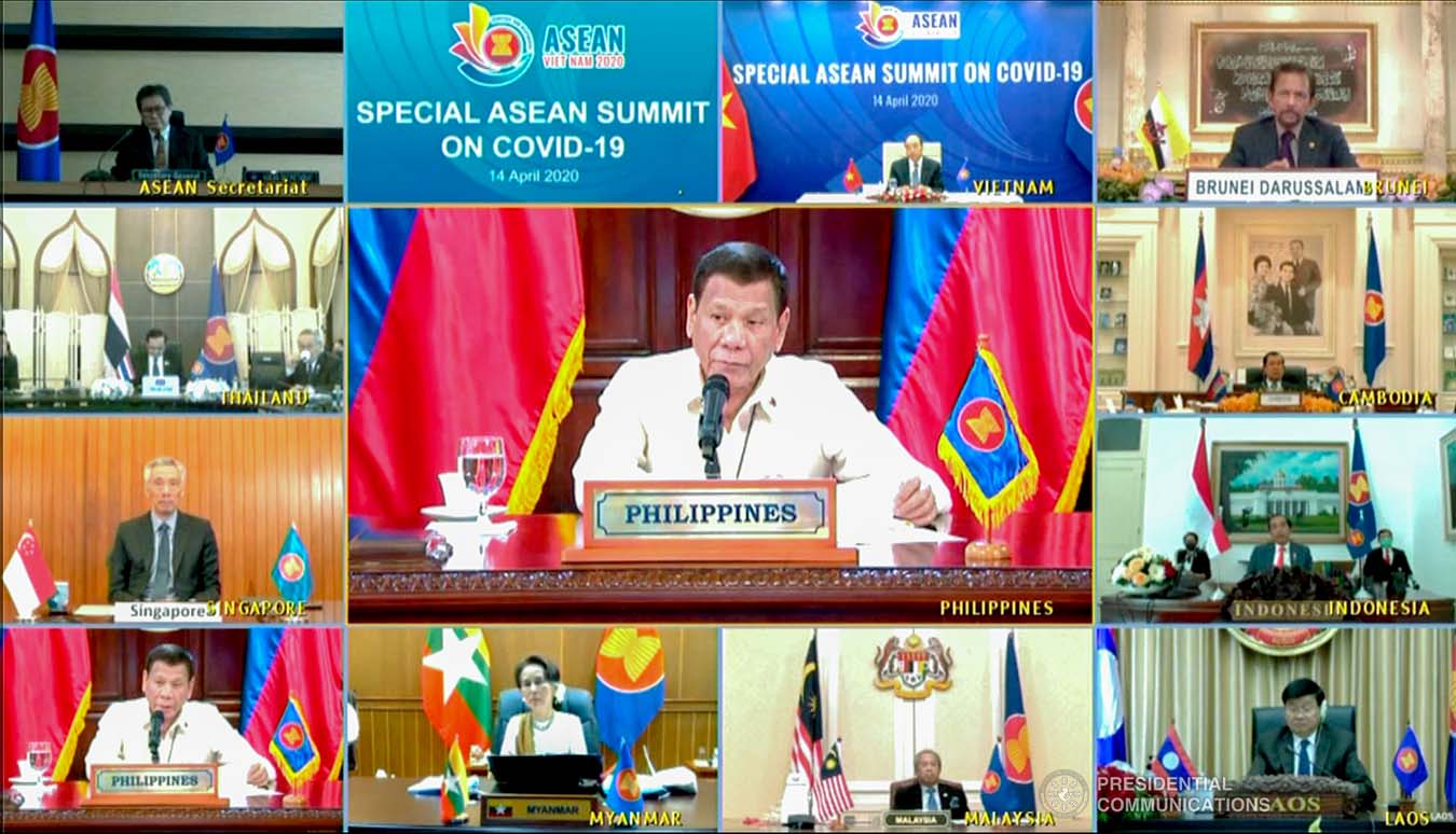 President Rodrigo Roa Duterte gives his intervention as he joins other leaders from the Association of Southeast Asian Nations (ASEAN) member countries during the special ASEAN Summit on Covid-19 video conference at the Malago Clubhouse in Malacañang on April 14, 2020. PRESIDENTIAL PHOTOS