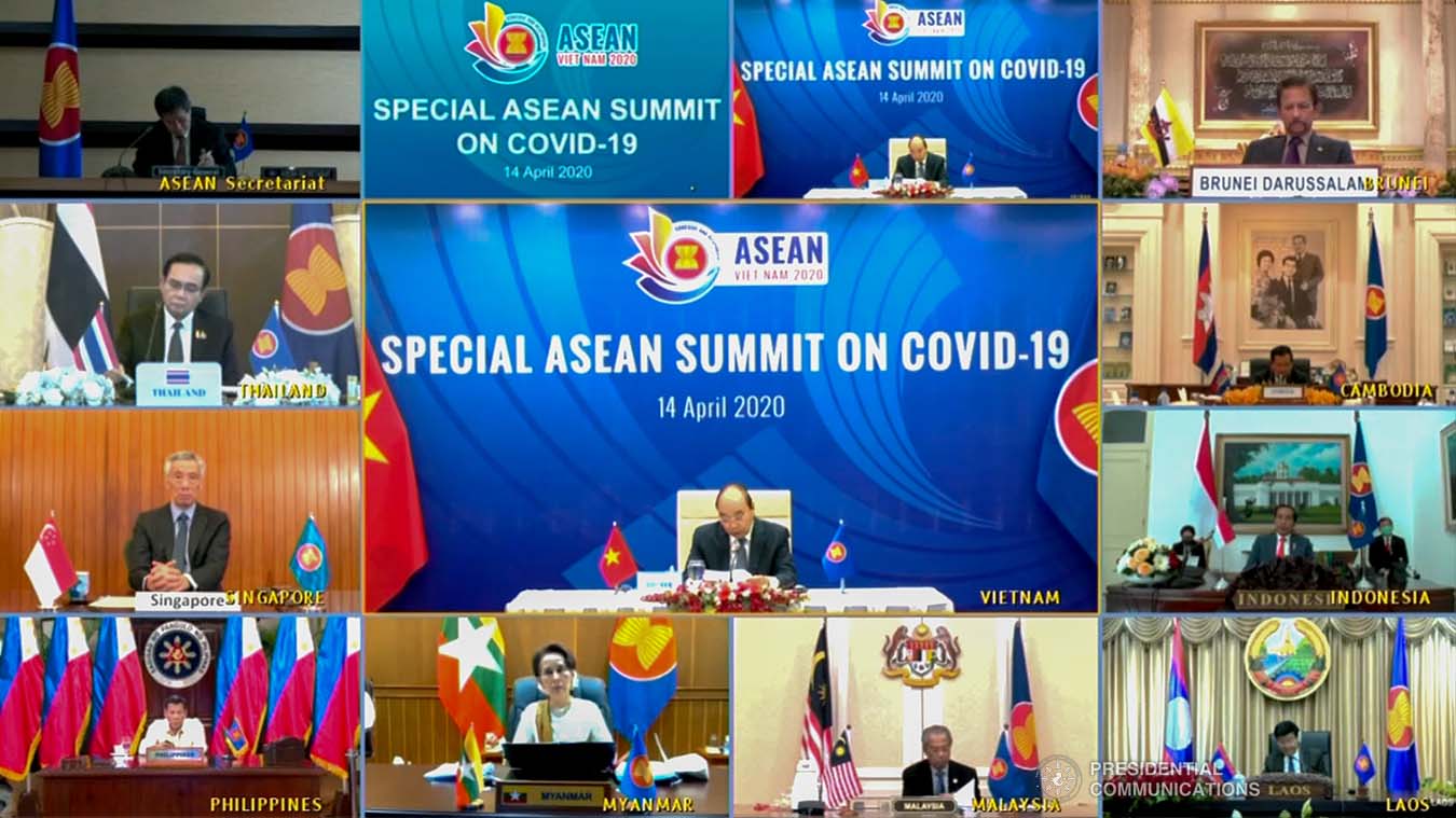 President Rodrigo Roa Duterte joins other leaders from the Association of Southeast Asian Nations (ASEAN) member countries during the special ASEAN Summit on Covid-19 video conference at the Malago Clubhouse in Malacañang on April 14, 2020. PRESIDENTIAL PHOTOS