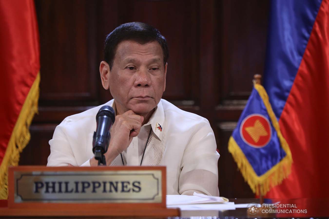 President Rodrigo Roa Duterte joins other leaders from the Association of Southeast Asian Nations (ASEAN) member countries during the special ASEAN Summit on Covid-19 video conference at the Malago Clubhouse in Malacañang on April 14, 2020. TOTO LOZANO/PRESIDENTIAL PHOTOS
