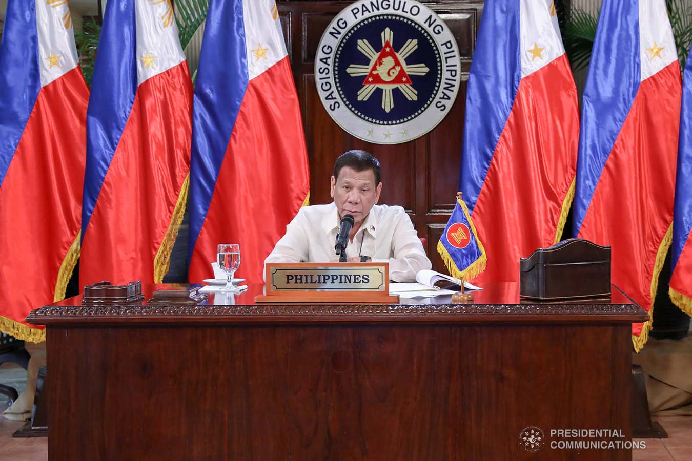 President Rodrigo Roa Duterte gives his intervention as he joins other leaders from the Association of Southeast Asian Nations (ASEAN) member countries during the special ASEAN Summit on Covid-19 video conference at the Malago Clubhouse in Malacañang on April 14, 2020. TOTO LOZANO/PRESIDENTIAL PHOTOS