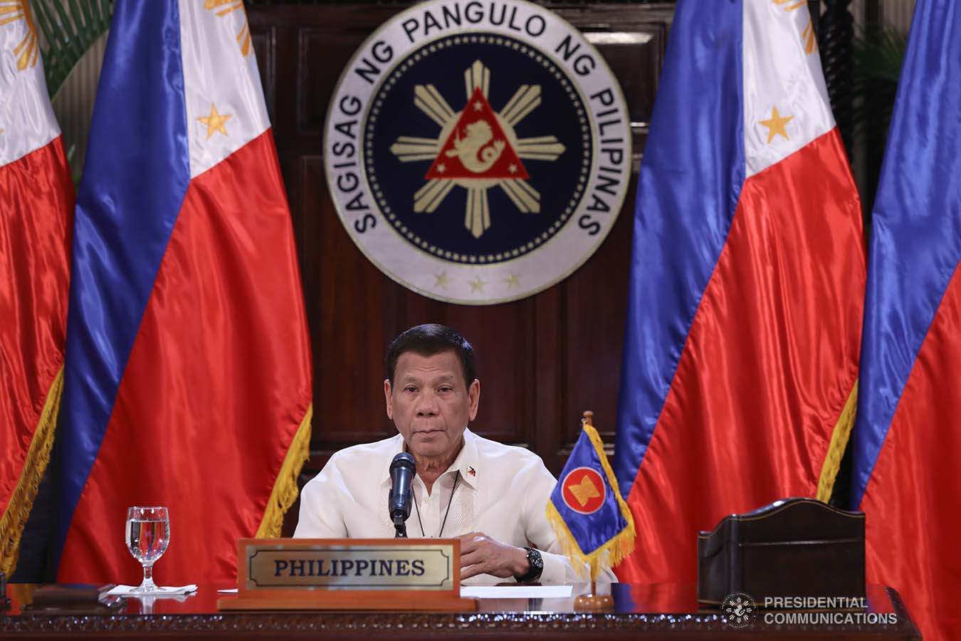 President Rodrigo Roa Duterte joins other leaders from the Association of Southeast Asian Nations (ASEAN) member countries during the special ASEAN Summit on Covid-19 video conference at the Malago Clubhouse in Malacañang on April 14, 2020. TOTO LOZANO/PRESIDENTIAL PHOTOS