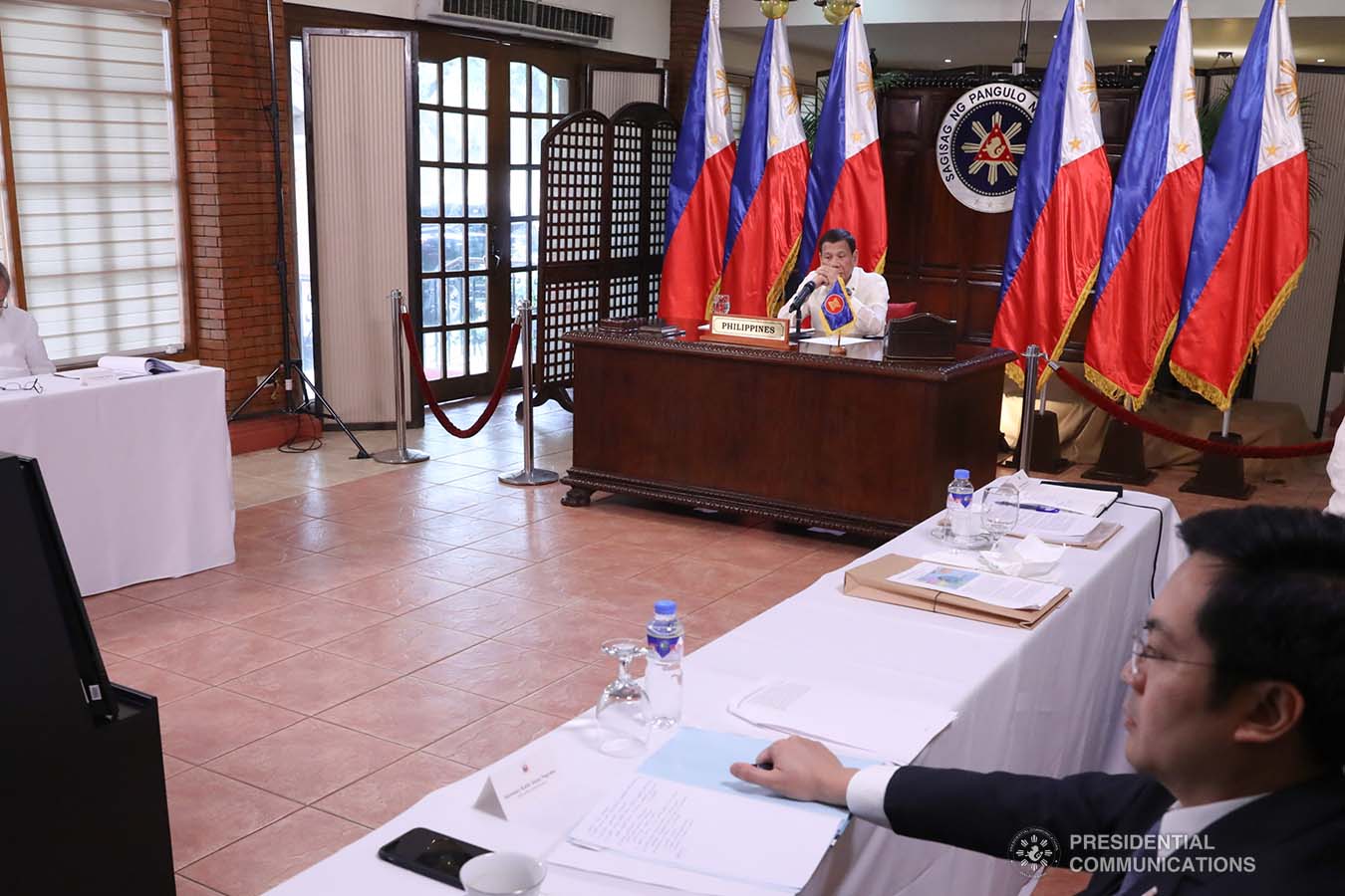 President Rodrigo Roa Duterte joins other leaders from the Association of Southeast Asian Nations (ASEAN) member countries during the special ASEAN Summit on Covid-19 video conference at the Malago Clubhouse in Malacañang on April 14, 2020. TOTO LOZANO/PRESIDENTIAL PHOTOS