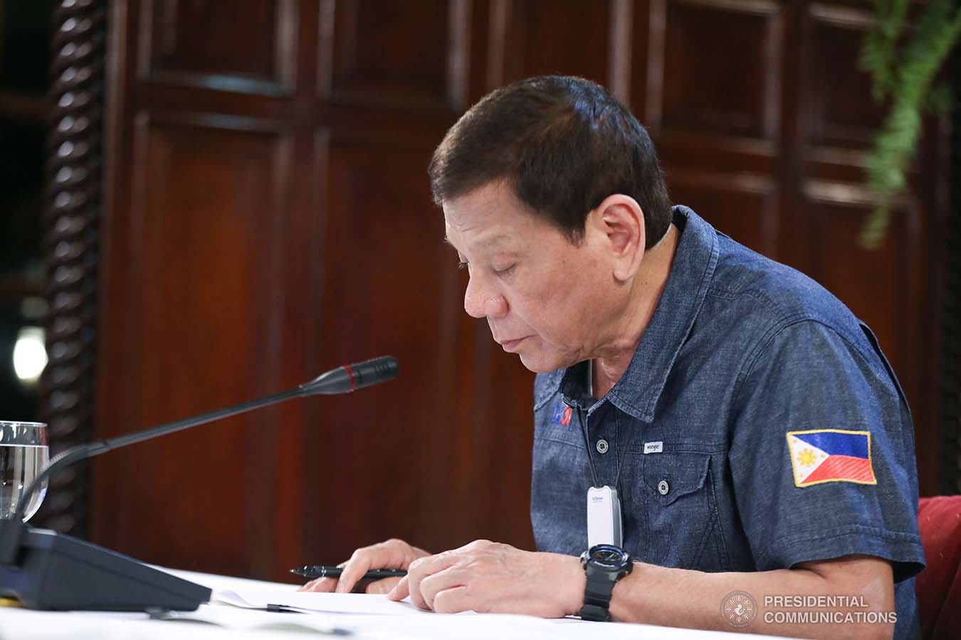 President Rodrigo Roa Duterte reviews a document while holding a meeting with members of the Inter-Agency Task Force on the Emerging Infectious Diseases (IATF-EID) at the Malago Clubhouse in Malacañang on May 11, 2020. ACE MORANDANTE/PRESIDENTIAL PHOTO