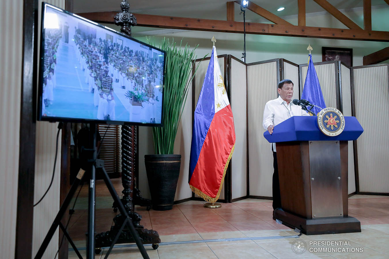 President Rodrigo Roa Duterte delivers his speech during the simultaneous commencement exercises of the Philippine Military Academy "Masidlawin" Class of 2020 and the Philippine National Police Academy "Mandayug" Class of 2020 at the Malago Clubhouse in Malacañang, Manila on May 22, 2020. The commencement exercises were held online while proper social distancing protocols were observed amid the COVID-19 pandemic. ACE MORANDANTE/PRESIDENTIAL PHOTO