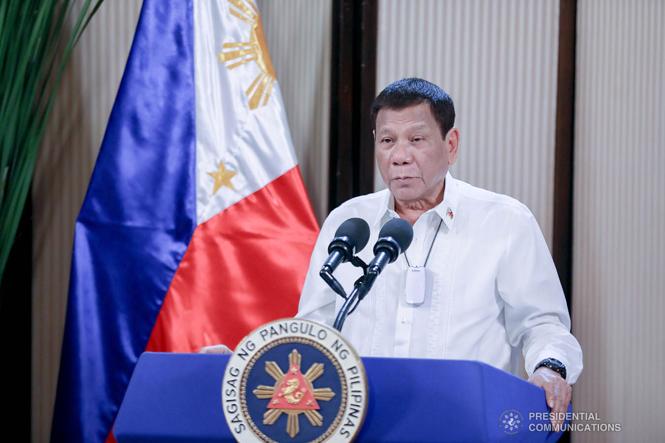 President Rodrigo Roa Duterte delivers his speech during the simultaneous commencement exercises of the Philippine Military Academy "Masidlawin" Class of 2020 and the Philippine National Police Academy "Mandayug" Class of 2020 at the Malago Clubhouse in Malacañang, Manila on May 22, 2020. The commencement exercises were held online while proper social distancing protocols were observed amid the COVID-19 pandemic. ACE MORANDANTE/PRESIDENTIAL PHOTO