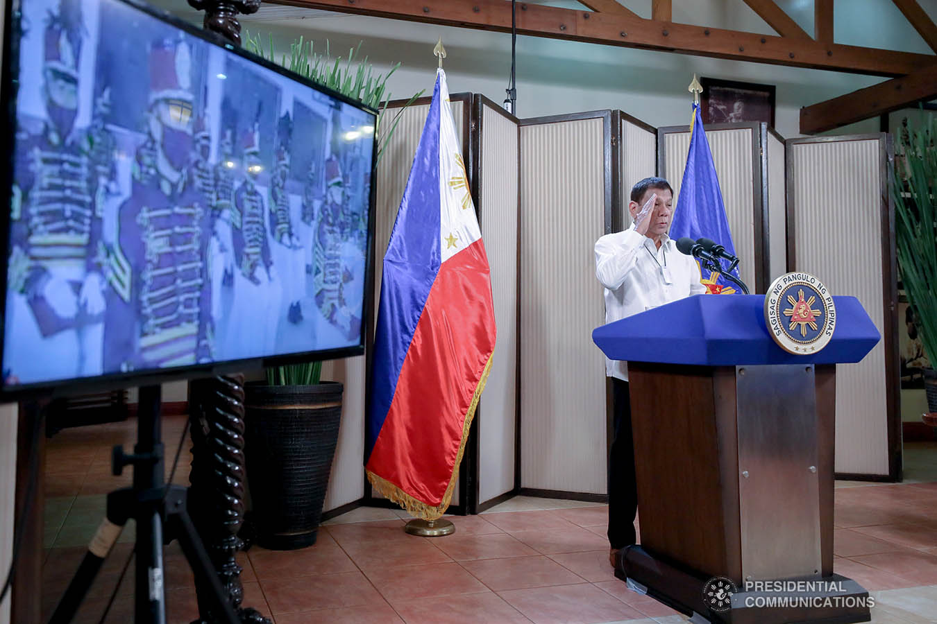 President Rodrigo Roa Duterte salutes the graduates of the Philippine Military Academy "Masidlawin" Class of 2020 and the Philippine National Police Academy "Mandayug" Class of 2020 during the simultaneous commencement exercises at the Malago Clubhouse in Malacañang, Manila on May 22, 2020. The commencement exercises were held online while proper social distancing protocols were observed amid the COVID-19 pandemic. ACE MORANDANTE/PRESIDENTIAL PHOTO