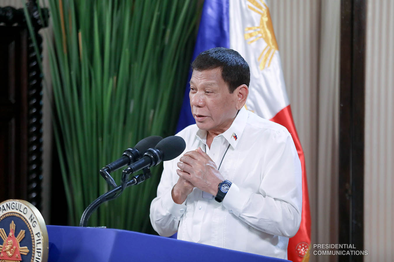 President Rodrigo Roa Duterte delivers his speech during the simultaneous commencement exercises of the Philippine Military Academy "Masidlawin" Class of 2020 and the Philippine National Police Academy "Mandayug" Class of 2020 at the Malago Clubhouse in Malacañang, Manila on May 22, 2020. The commencement exercises were held online while proper social distancing protocols were observed amid the COVID-19 pandemic. ACE MORANDANTE/PRESIDENTIAL PHOTO