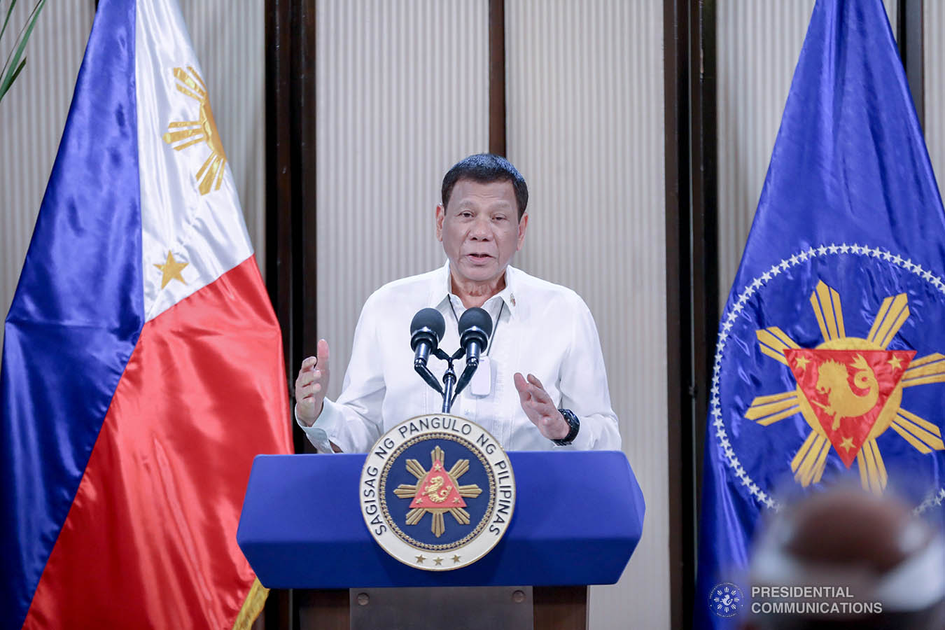 President Rodrigo Roa Duterte delivers his speech during the simultaneous commencement exercises of the Philippine Military Academy "Masidlawin" Class of 2020 and the Philippine National Police Academy "Mandayug" Class of 2020 at the Malago Clubhouse in Malacañang, Manila on May 22, 2020. The commencement exercises were held online while proper social distancing protocols were observed amid the COVID-19 pandemic. ACE MORANDANTE/PRESIDENTIAL PHOTO